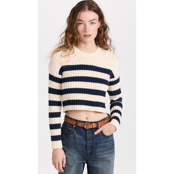 New Denimist Striped Ribbed Cropped Sweater in Ecru/Navy Size M